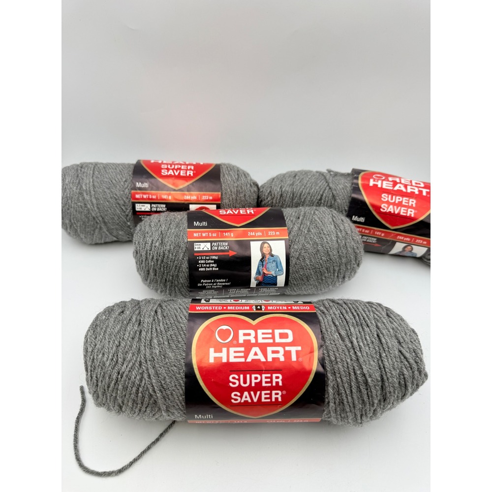 Red Heart Super Saver Yarn 4 Skeins Grey Heather Light Grey Worsted Acrylic